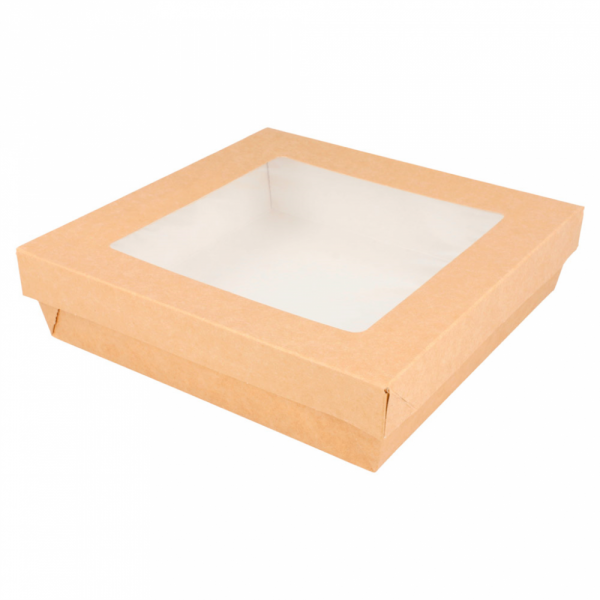 Doos + Deksel Bruin met Venster "THEPACK" 14x14x5cm 25st