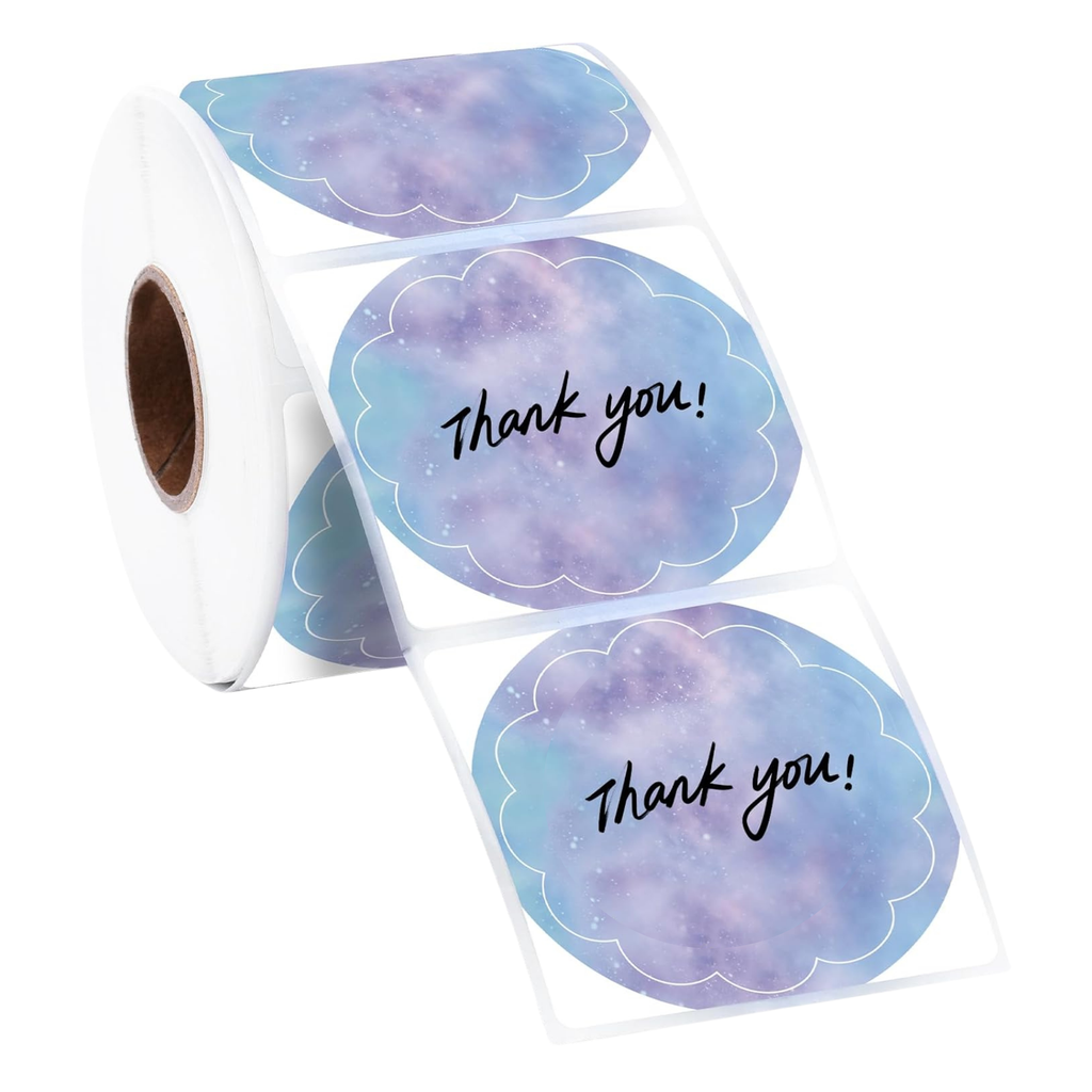 [CPETIFLMABL5] Etiquettes Mauves Bleues Découpe Fleurs Imprimante Thermique Ø5cm 500pcs  