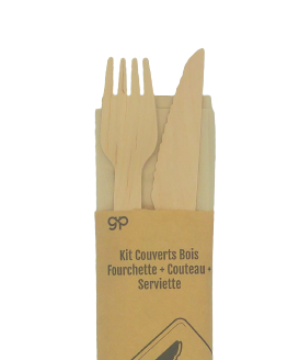 Sachets Kit Couverts Bois Couteau-Fourchette-Serviette 250pcs